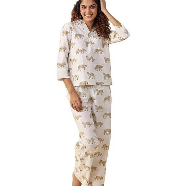 SAY Night Suit for Womens Printed White Pure Cotton Top with Trousers