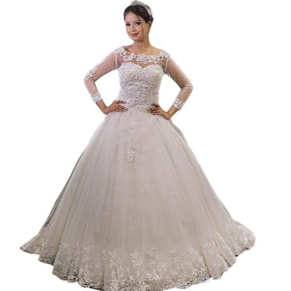 GOWNLINK White Full Stitched with Layers Christian Wedding Catholic Wedding White Train Gown Wedding Dress in White Frock Women with Sleeves GL8020T