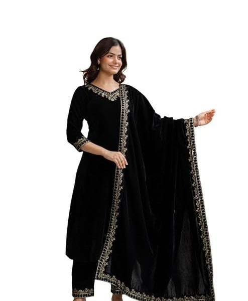 TRENDMALLS Women's Velvet Embroidery Salwar Suit Set Kurta Pant with Dupatta for Women