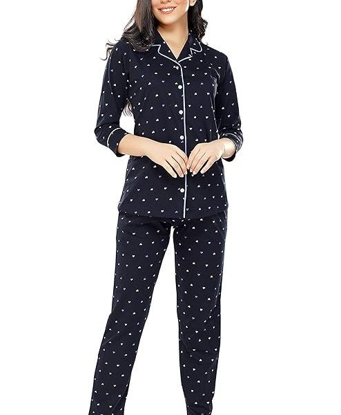 ZEYO Women's Cotton Heart Printed Night Suit set of Shirt & Pajama