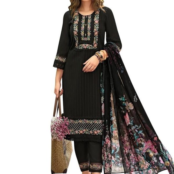 INDO ERA Women's Straight Linen Floral Embroidered Kurta Pant with Dupatta Set