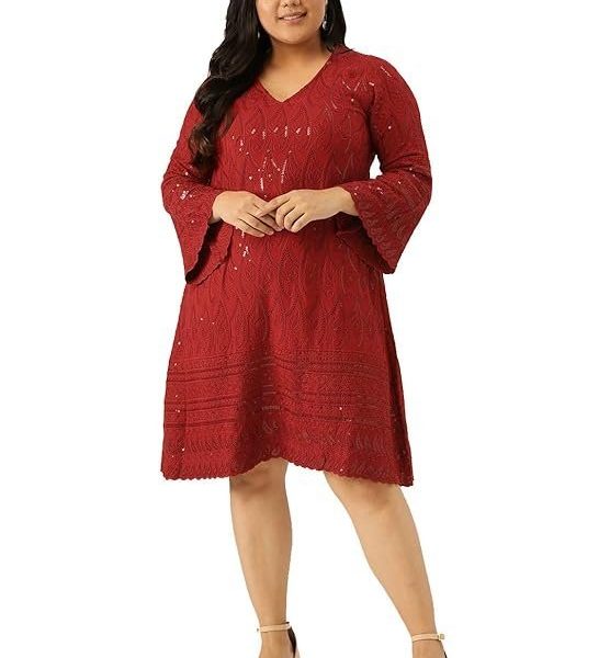 theRebelinme Plus Size Women's 4714QC_Red Solid Color Embroidered & Sequinned A-Line Dress