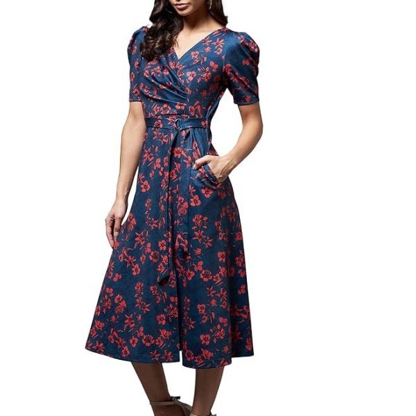 Miss Chase Women's Multicolored-Base-Blue V-Neck Pleated Puff Sleeve Floral Wrap Midi Polyester Dress