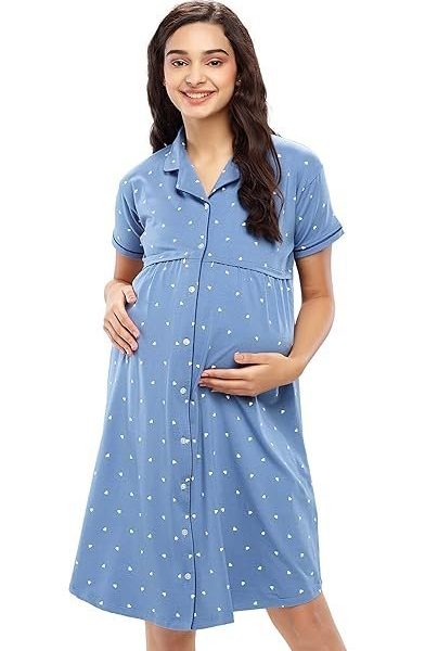 ZEYO Women's Cotton Night Dress Heart Printed Maternity & Feeding Short Nighty Night Gown Shirt