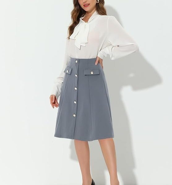 Allegra K Women's A-Line Button Front Work Formal Knee Length Skirt