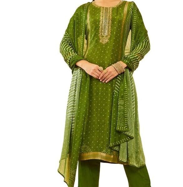 Soch Womens Brocade Bandhani Printed Suit Set with Mirror Work