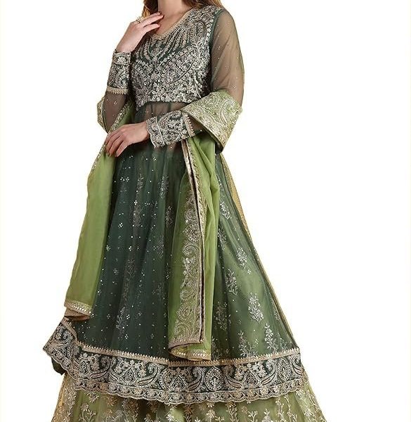 Wishful Women's Green Metallic Embroidery Mesh Flared Kurta & Skirt with Dupatta Set