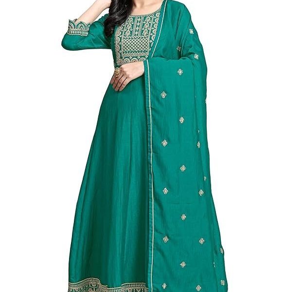 TRENDMALLS Women's Art Silk Embroidery Salwar Suit Set A line Pleated Kurta Pant with Dupatta