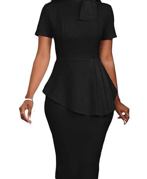 Women's Fashion Peplum Bodycon Short Sleeve Work Dresses Bow Club Ruffle Pencil Formal Cocktail Dress