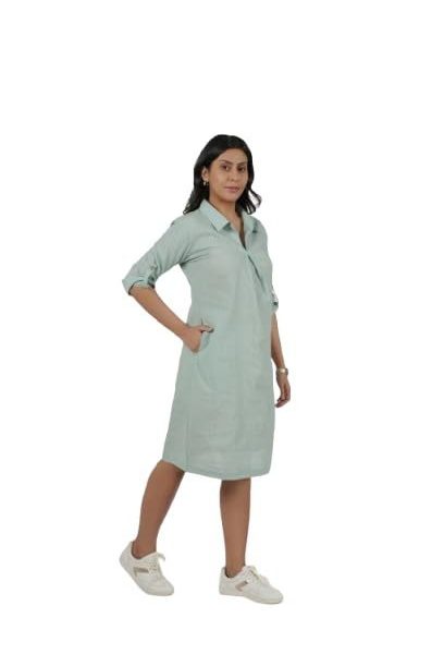 Praga Women's Cotton Shirt Dress, Mint Green, Roll-up Sleeves, Knee Length, Casual, Spring Summer Wear