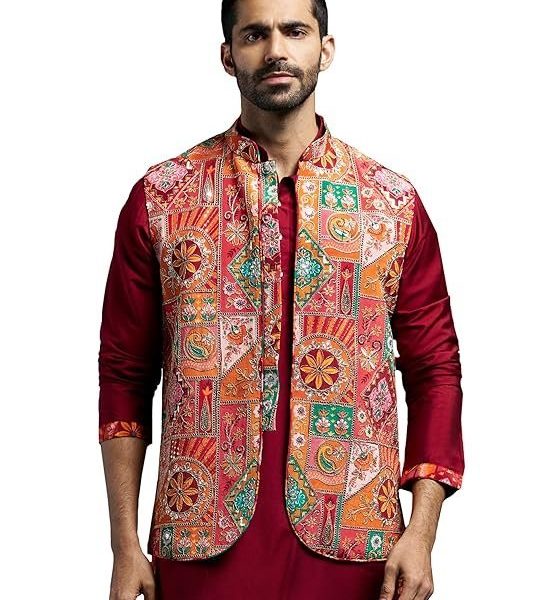 VASTRAMAY Men's Nehru Jacket | Allover Printed Embroidered Sequiend Nehru Jacket for Men | Perfect for Navratri
