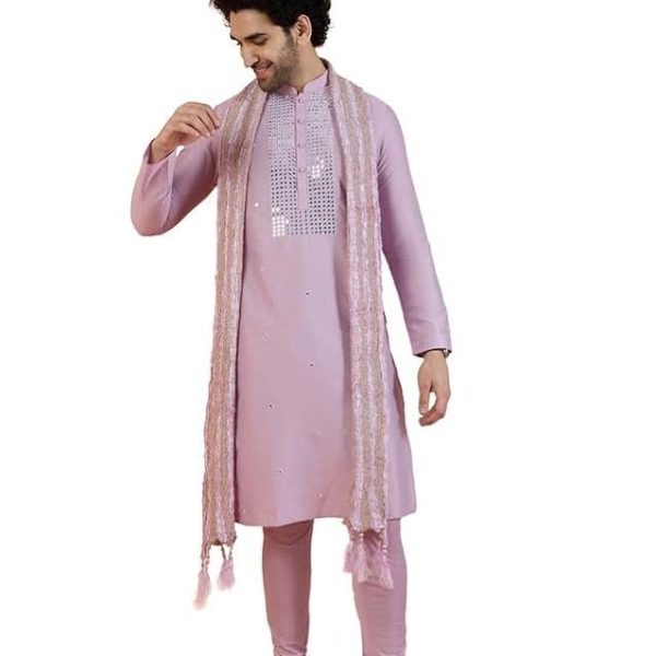 KISAH Men Onion Pink Embellished Kurta Churidar Dupatta Set with Mirror work