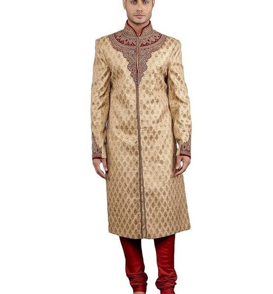 Manish Creations Men's Woven Design with Embroidery Ethnic Sherwani Set