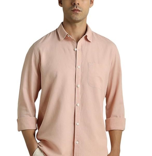 Peter England Men Cotton Linen Blend Slim Fit Solid Shirt Full Sleeves, Casual Wear
