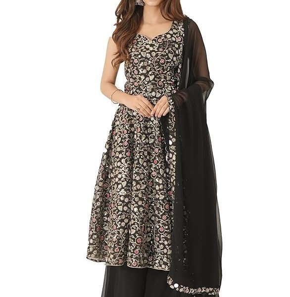 Roy Creation Women's Embroidered Anarkali with Pallazo | Embroidered Georgette | Black with Multicolor Embroidery | At-tude Design Studio