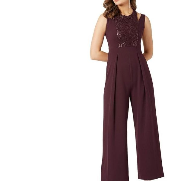 Miss Chase Women's Halter Neck Sleeveless Solid Wide Leg Sequin Paneled Regular Length Jumpsuit