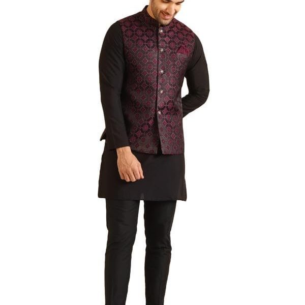 KISAH Men's Kurta Jacket Trouser Set, Burgundy Jacquard, Woven Design Regular Fit Mandarin Collar Long Sleeves