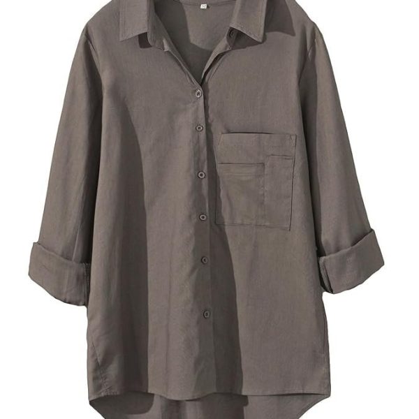 Minibee Women's Casual Cotton Linen Blouse Plus Size High Low Shirt Long Sleeve Tops