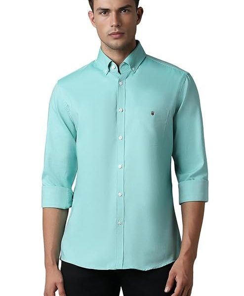 Louis Philippe Men's Easy to Care Cotton Slim fit Solid Casual Shirt with Natural Stretch