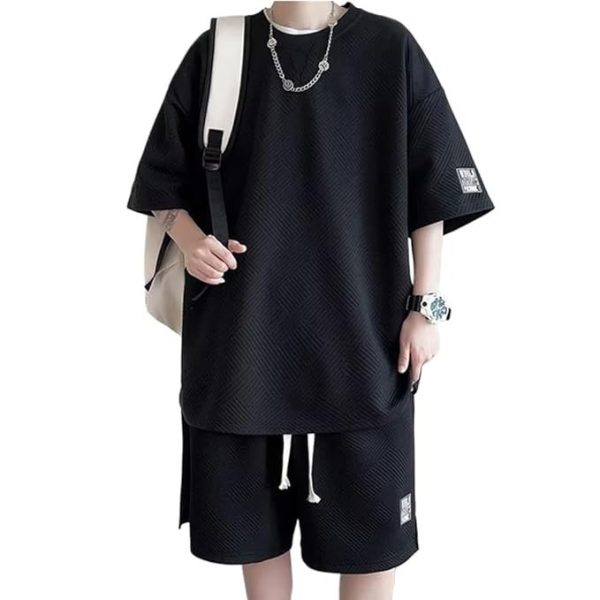 Aaronlive Men's T-Shirt, Summer Clothes, Short Sleeve, Top and Bottom Set, Loose Jersey, Men's, Top and Bottom Set, Men's Solid Color, Sweatshirt, Top and Bottom Set, Large Size, Sweat Absorbent