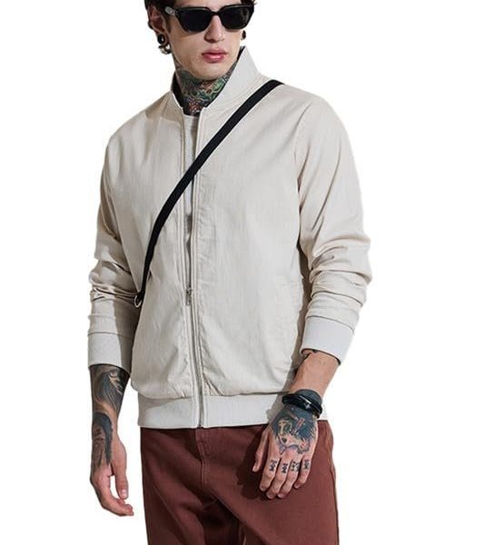 SNITCH Bordeaux Men Beige Bomber Jacket | Regular Fit Full Sleeve High Neck Solid Design | Premium Linen Blend & Smooth Woven Fabric for Everyday Wear & Semi-Formal Occasions