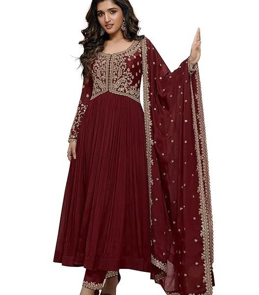 TRENDMALLS Women's Silk Blend Embroidery Anarkali Kurta Pant Set with Dupatta