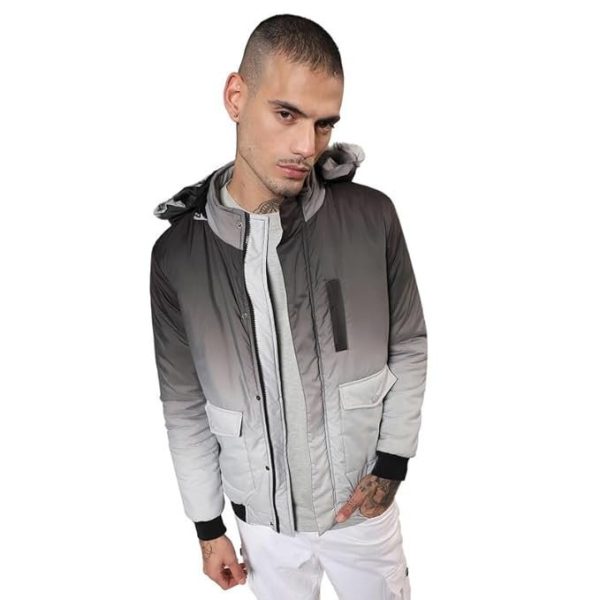 Campus Sutra Men's Polyester Self-Design Standard Length Puffer Jacket With Fleece Hood For Casual Wear|Hooded Neck|Long Sleeve|Zipper Closure|Jacket Crafted With Comfort Fit For Everyday Wear