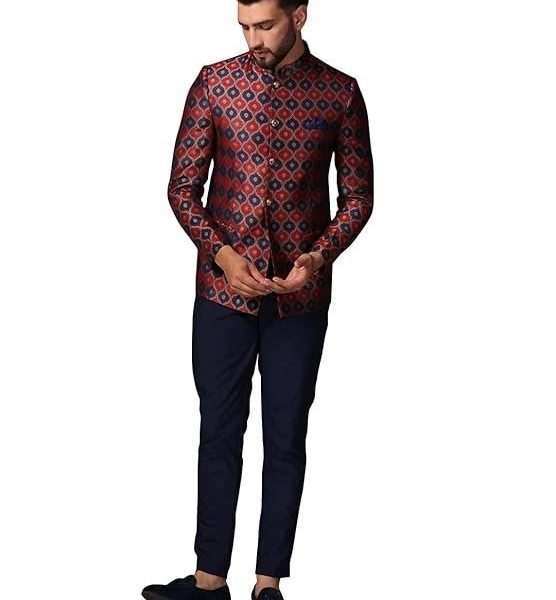 KISAH Mens Jodhpuri Bandhgala Trouser Set Silk Blend Jacquard, Ethnic Wear for Men, Maroon