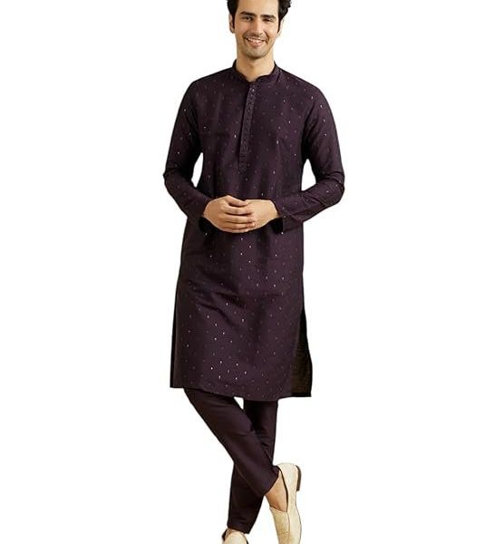 Manyavar Men's Viscose Blend Sequins & Shimmer Kurta Pyjama Set