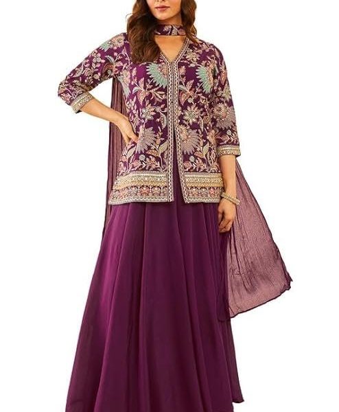 Soch Womens Wine Embroidered Chinon Sharara Suit with Dupatta