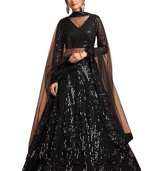 Zeel Clothing Women's Black Soft Net Sequins Embroidered Semi-Stitched New Lehenga Choli with Dupatta