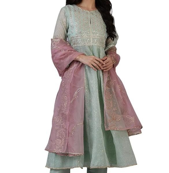 W for Woman Women's Polyester Dot Printed Gota Patti Flared Kota Kurta and Pant with Dupatta Set