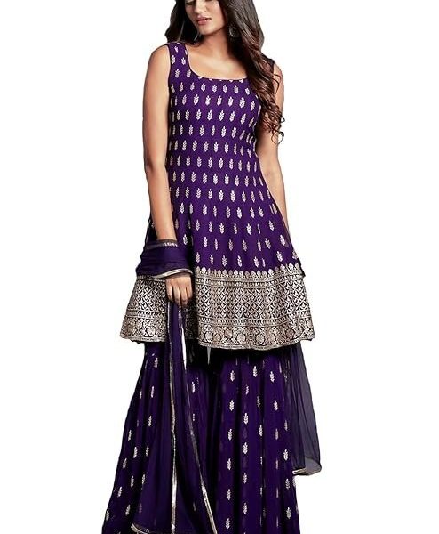 Xomantic Fashion Women's Embroiderd Work Navyblue Color Weding Wear Anarkali Kurta Sharara Set