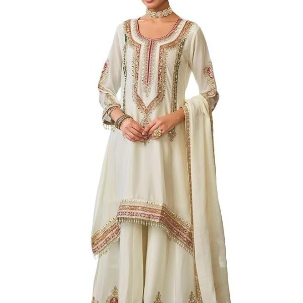 INDO ERA Women's A-Line Chinon Ethnic Motifs Embroidered Kurta & Palazzo with Dupatta Set