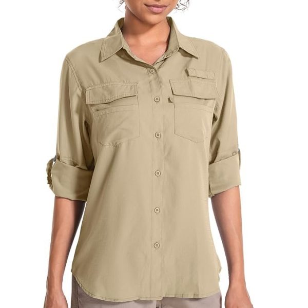 Toomett Long Sleeve Shirts for Women Hiking Fishing Safari Camping Travelling Button Down Quick Dry Convertible to Short Sleeve,F5026,Khaki