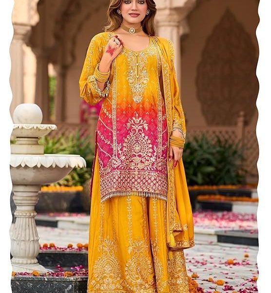 INDO ERA Women's Silk Blend Embroidered Straight Kurta & Palazzo with Dupatta Set