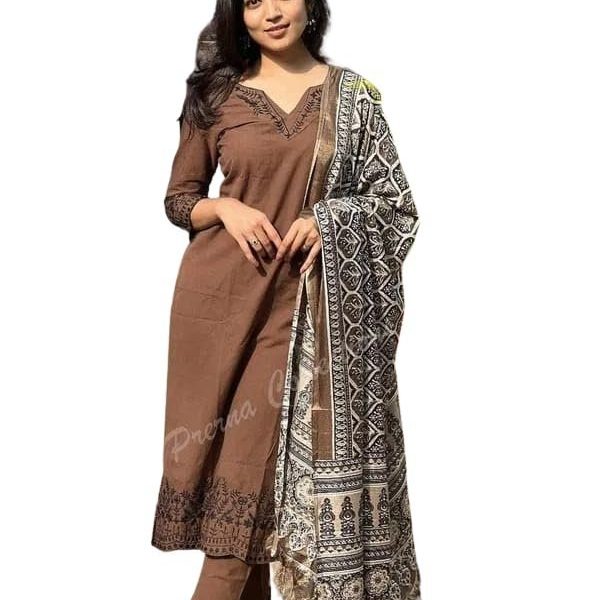 ADINATH-TRADERS Women Pure Cotton Brown Kurti Pant Dupatta Set