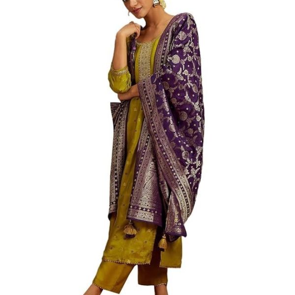 Libas Green Self Design Silk Straight Kurta With Trousers & Dupatta