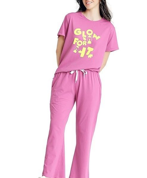 ZEYO Night Suit for Women's Typography Printed Cotton Night Dress of Top and Wide Bottom Pyjama