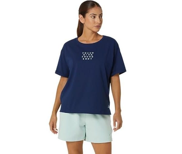 ASICS womens Blue Expanse W TRG CORE RELAXED GRAPHIC TEE