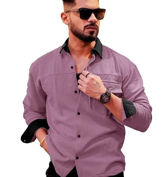 Maniac Mens Solid Collared Neck Full Sleeve Biscuit and Black Cotton Shirt