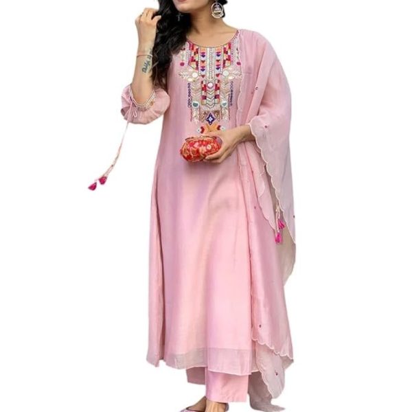 NAIKU TRADERS Women's Cotton Mirror Work Embroidered Straight Kurti with Pant and Dupatta Set