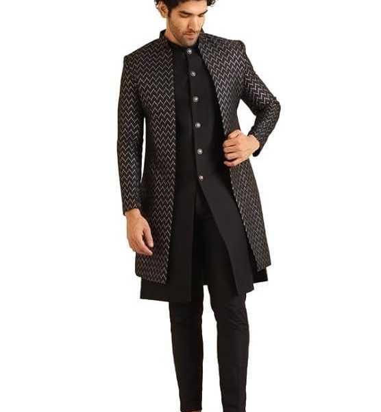 KISAH Men's Indo-Western Waistcoat Sherwani Trouser Set, Black Jacquard, Woven Design Regular Fit Mandarin Collar Long Sleeves