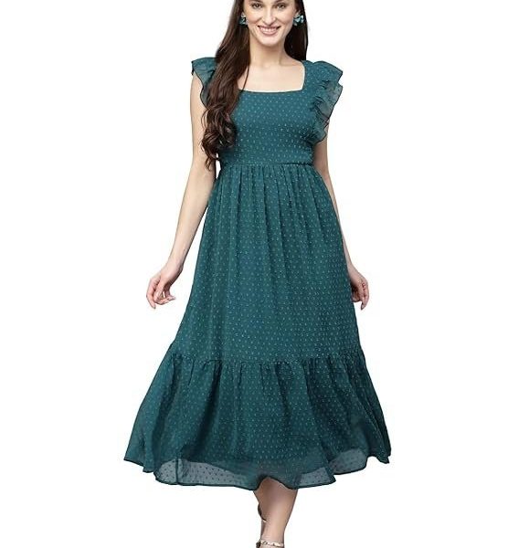 Sugathari Georgette Jacquard Butti Square Neck Knee Length Western Dresses for Women (Dress2 89)