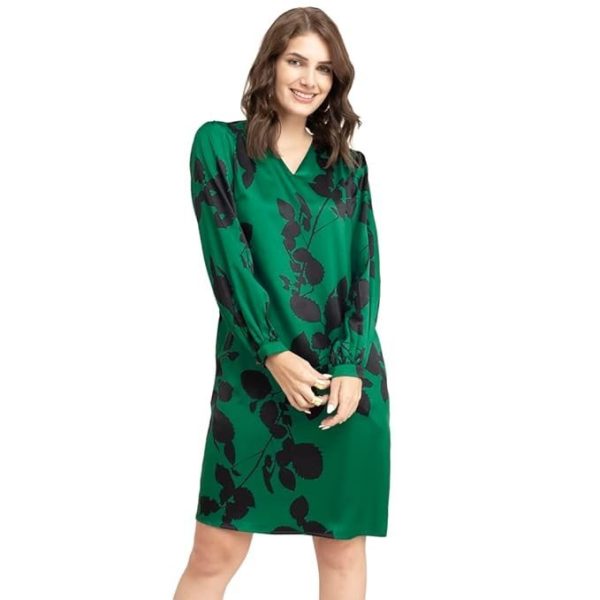 FableStreet Women's V-Neck Green Satin Floral Dress