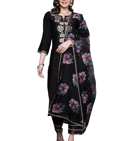 INDO ERA Women's Viscose Embroidered Straight Kurta Pant With Dupatta Set