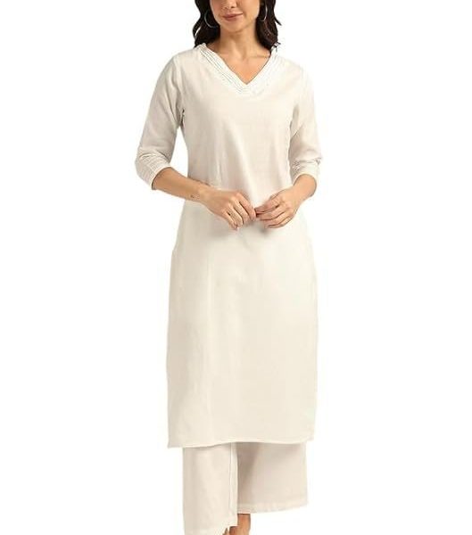 BLOCKS OF INDIA Women's Solid Straight Kurta Set | Hand-Stitched Neck Details with Pintucks | Comfortable Pants with Pockets, Elastic Waist & Drawstring Fit