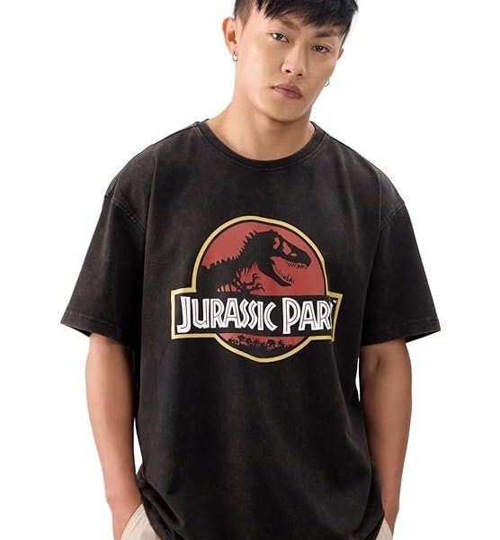 The Souled Store Official Jurassic Park: Logo Vintage Wash Men and Boys Short Sleeves Round Neck Black Graphic Printed Cotton Oversized T-Shirts