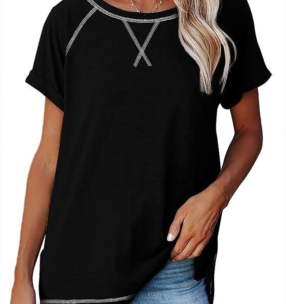 Aokosor Women's Casual Short Sleeve Round Neck Loose Tunic T Shirt Blouse Tops with Pocket