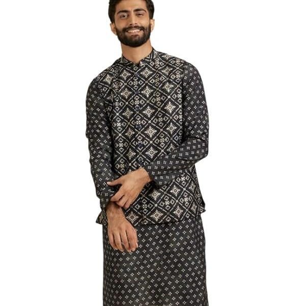 Manyavar Men's Viscose Blend Foil & Digital Print Kurta Jacket Set